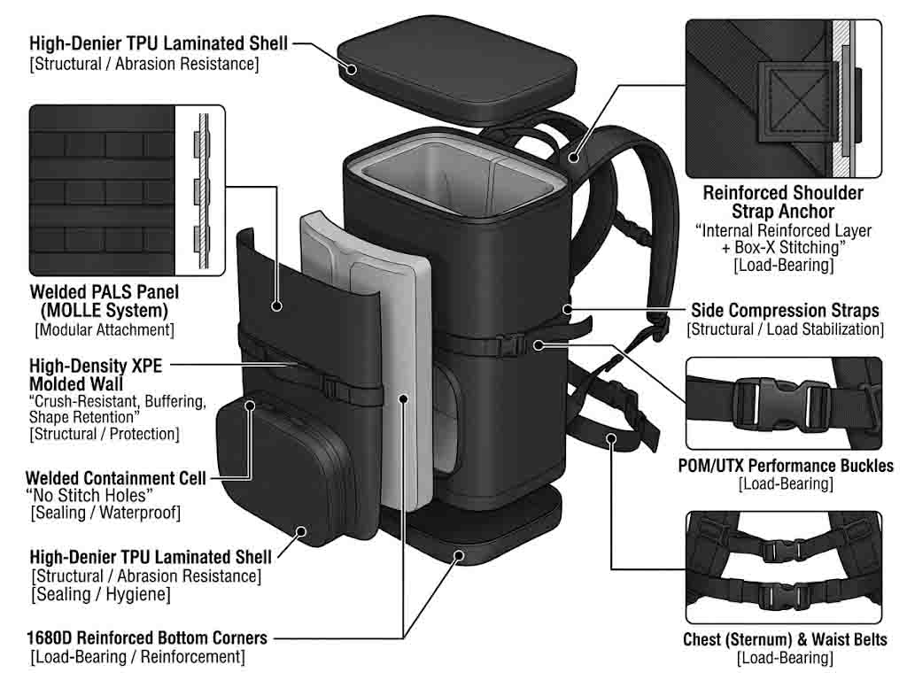 タクティカルクーラーバックパック: MOLLE、成形フォーム、フィールド耐久性
