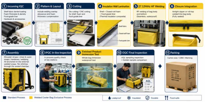 step by step production flow of a welded soft cooler backpack from material inspection to packing