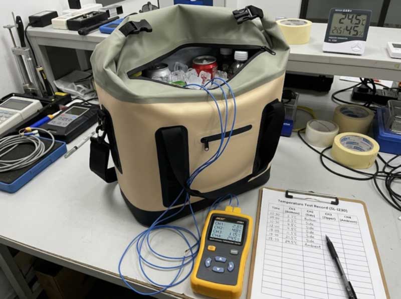 multi-probe thermocouple cold-hold test on a loaded soft cooler multi-probe thermocouple cold-hold test on a loaded soft cooler